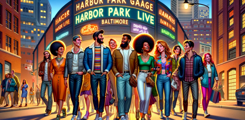 In January 2024, a group of people gathers in front of Harbor Park Live, a building that showcases Inner Harbor Concerts and Baltimore Beats.