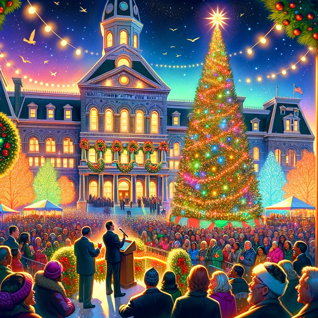 A painting of a Christmas tree in front of Baltimore's Holiday Festivities.