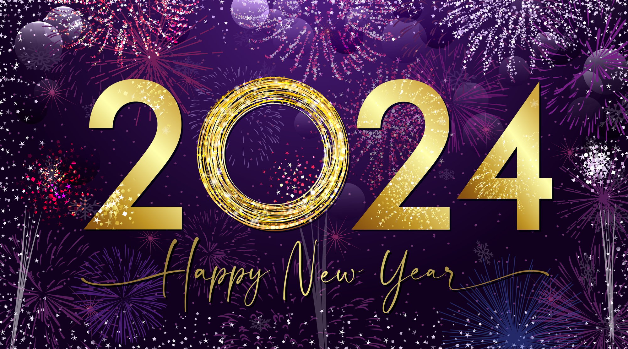 2024 happy new year celebration on purple background with fireworks at Power Plant Live.