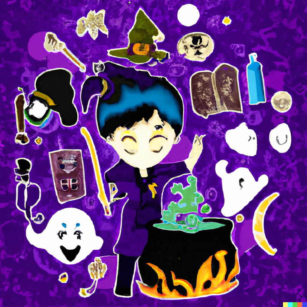 A cartoon witch with a cauldron and other spooky items conjure "Rattle Your Bones".