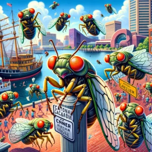DALL·E 2024-04-15 18.52.46 - A whimsical and vibrant illustration of cicadas playfully invading Baltimore's Inner Harbor. The scene is filled with oversized, cartoonish cicadas wi