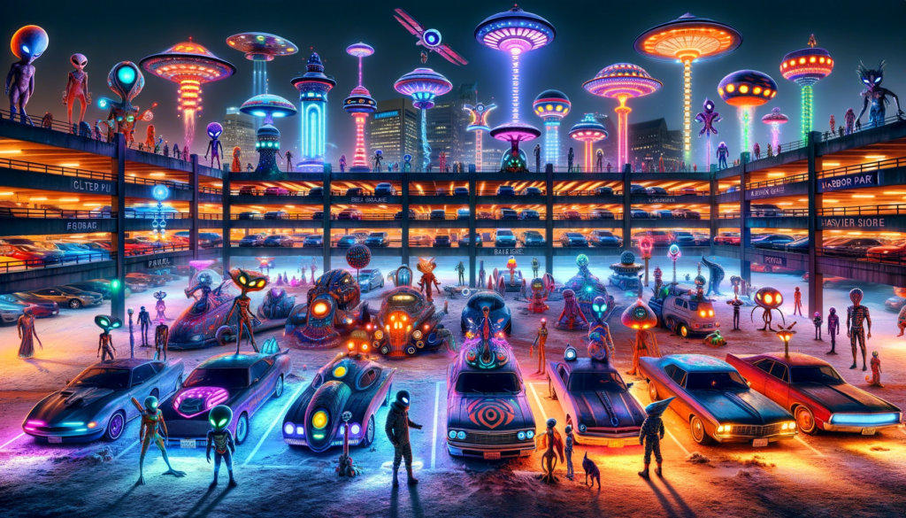 A painting of a futuristic parking lot at Inner Harbor, Baltimore, with many cars.