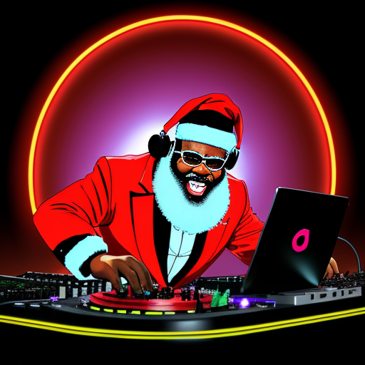 A festive DJ dressed as Santa Claus spinning beats on a DJ deck in Baltimore during December.