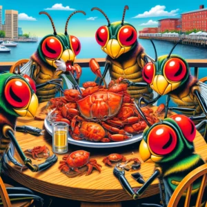 DALL·E 2024-04-15 18.52.12 - A playful and colorful illustration of cicadas enjoying a crab feast at Baltimore's Inner Harbor. The scene depicts several oversized, cartoon-style c