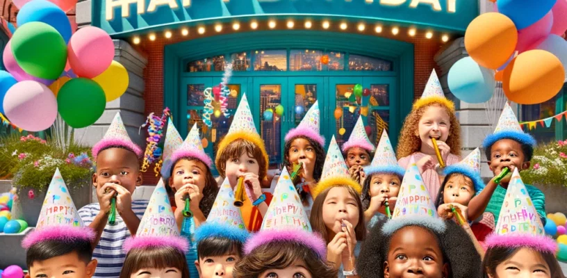 A vibrant scene at a community birthday party outside Port Discovery Children's Museum. The image features a group of children of various ethnicities
