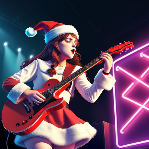 In the month of December, witness the festive spirit as a girl in a Santa Claus hat strums her guitar in front of a vibrant neon sign.