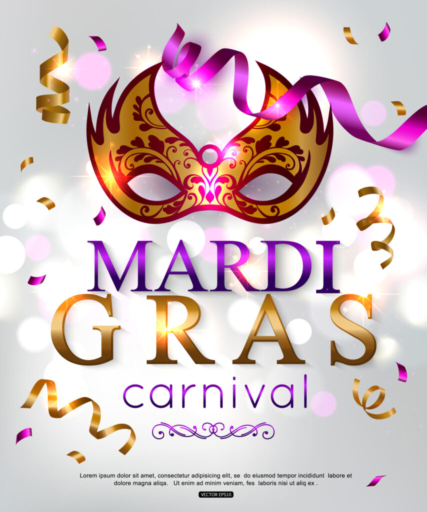 Mardi gras carnival poster featuring a golden mask and confetti at Power Plant Live.