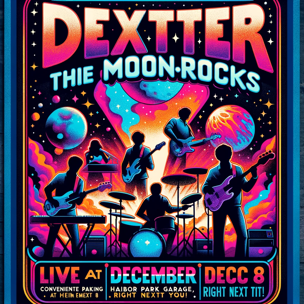Dexter and the Moonrocks indie rock concert poster flaunting cosmic vibes.