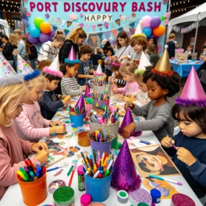 A festive arts and crafts station at the Port Discovery Community Birthday Bash. The image captures children of different backgrounds, including Cauca