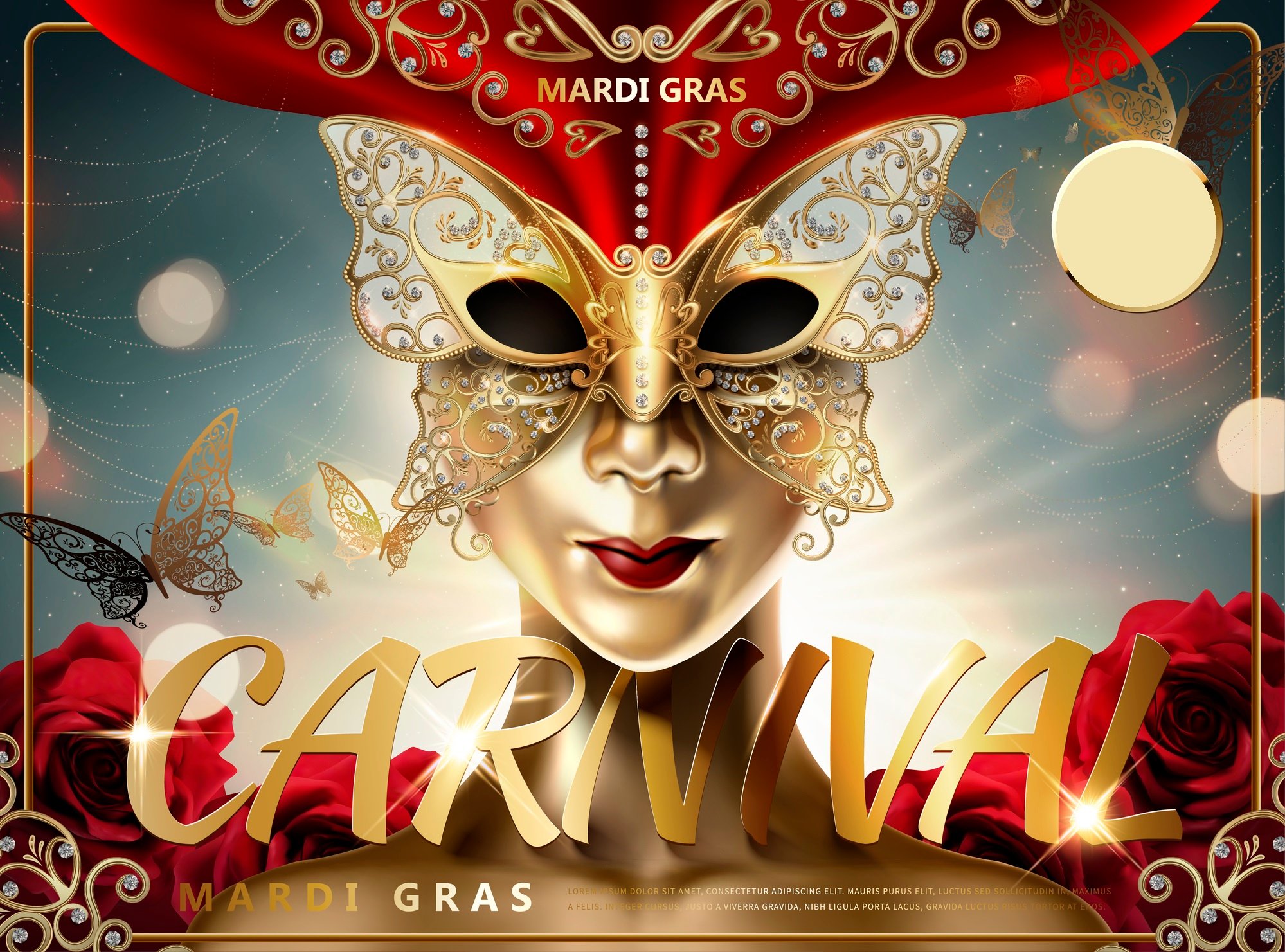 Mardi Gras flyer template with a woman in a gold mask at Power Plant Live.