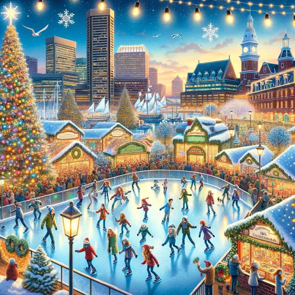 Baltimore's Holiday Festivities come alive at Harbor Park Garage, where a vibrant Christmas scene welcomes visitors with people joyfully skating on an ice rink.