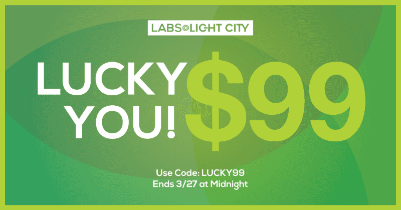 A green banner with the words lucky you $ 99.