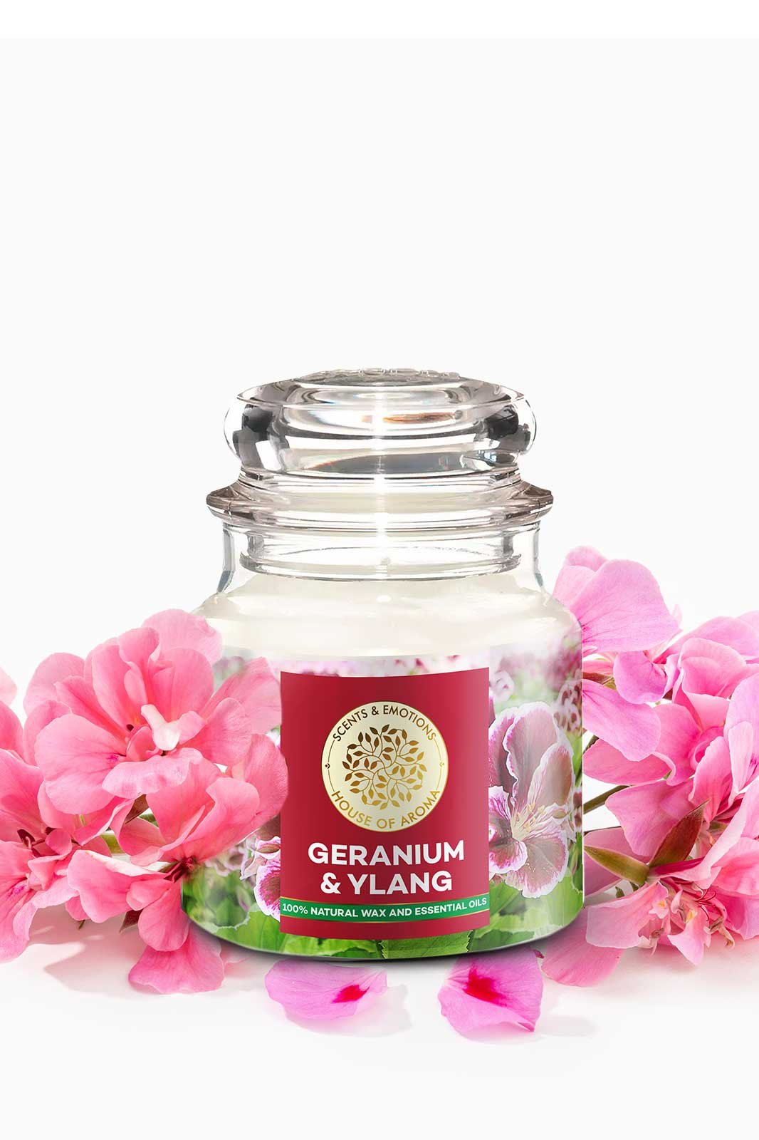Geranium Ylang Natural Scented Candles, Ylang natural scented candle, Best aroma candles in India, Geranium scented candles, Scented candle brands, House of Aroma